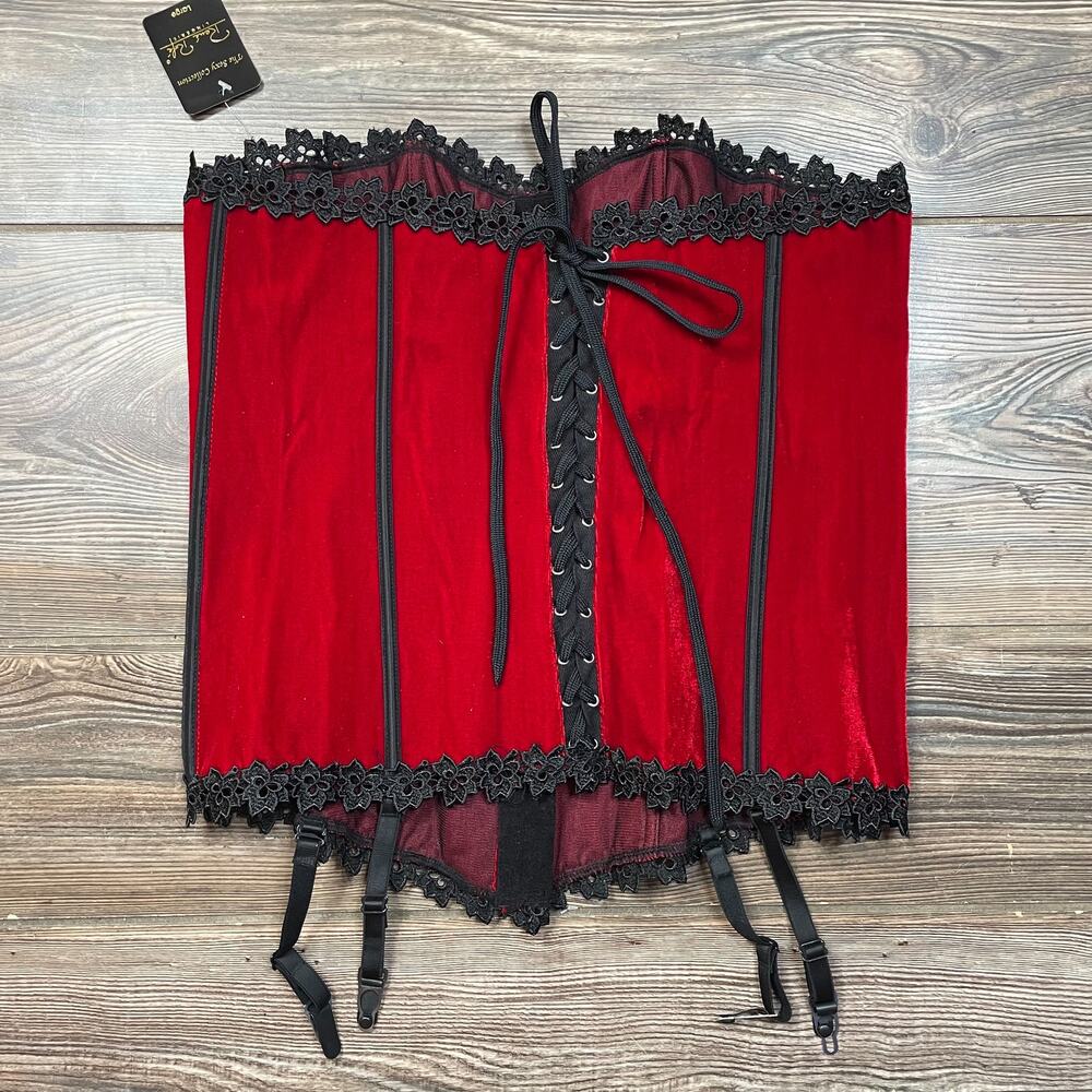 Rene Rofe Red Black Velvet Boned Corset Lace Up Front Hook Back SZ L C102063
